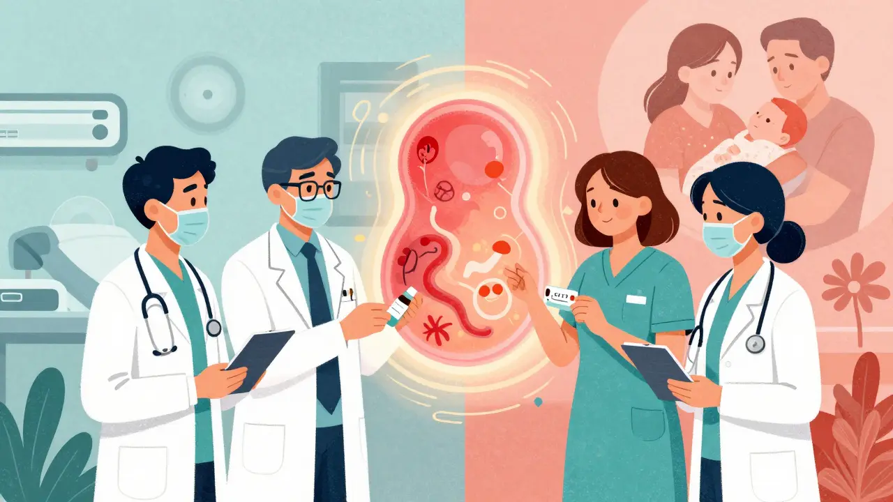 Medical team exchanging drug labels around a glowing embryo, symbolizing coordinated preconception care.
