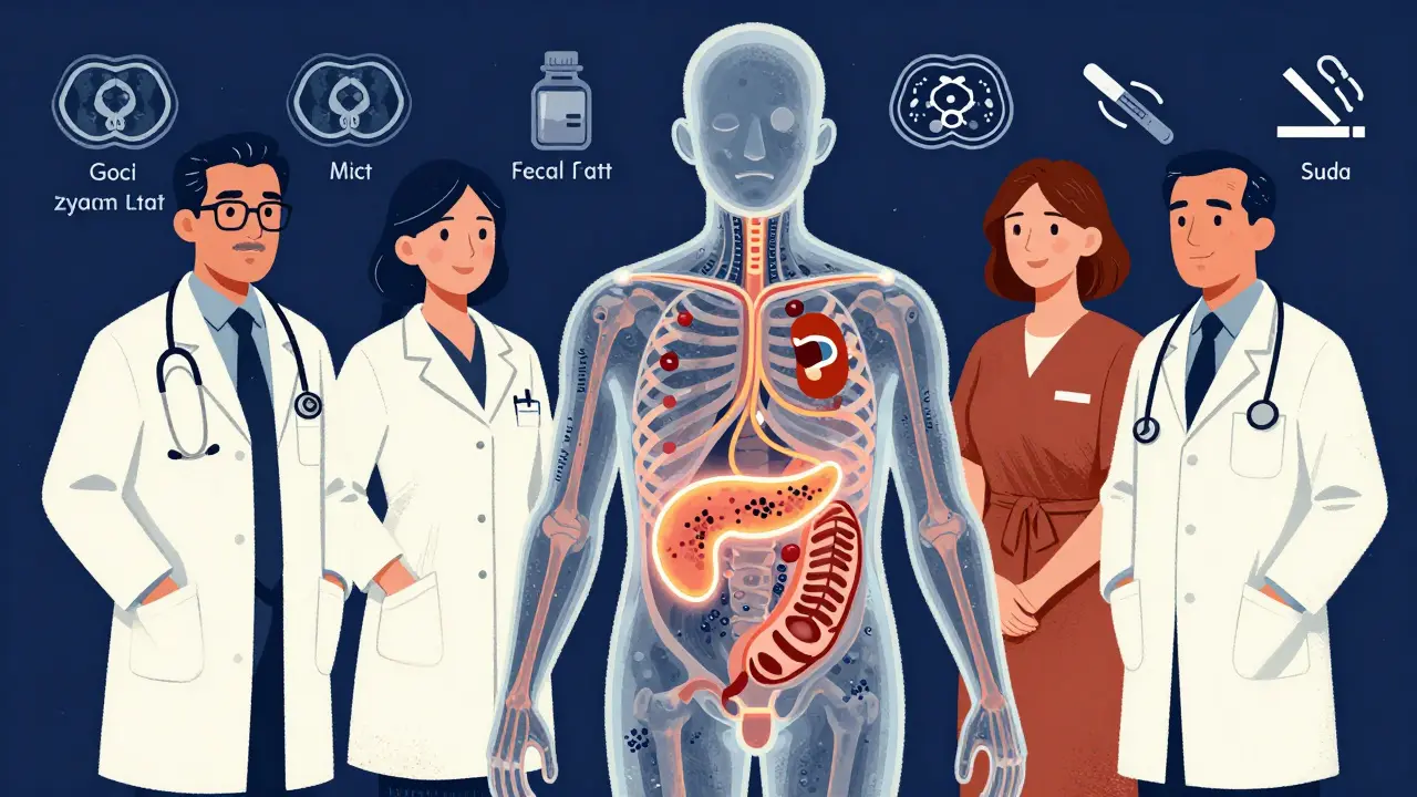 Medical team supporting patient with transparent pancreas showing calcifications and nutrient pathways
