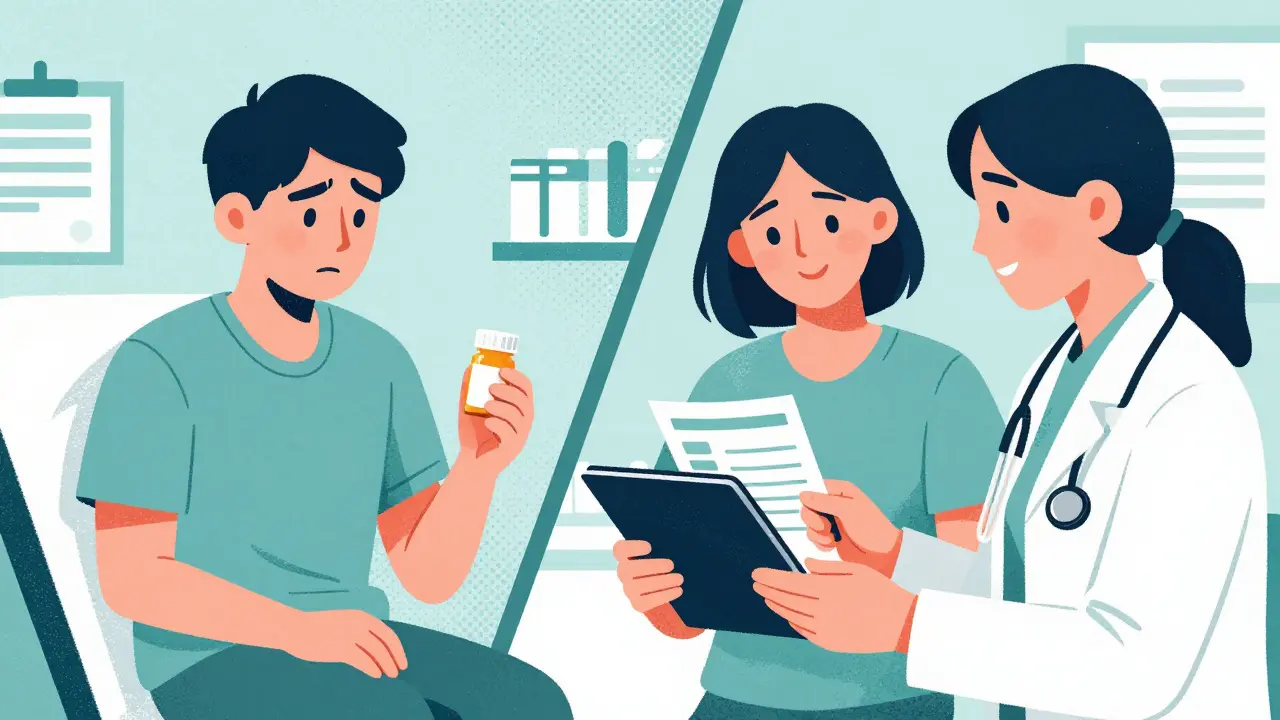 Patient alone vs. patient with advocate reviewing medication chart.