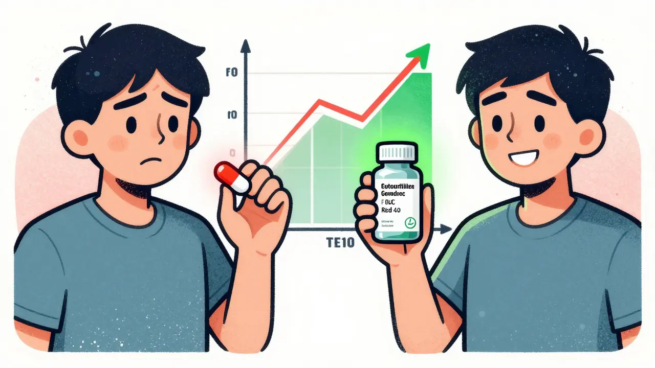 Patient compares unsafe generic with safe authorized generic using color-coded icons for allergens and ingredients.
