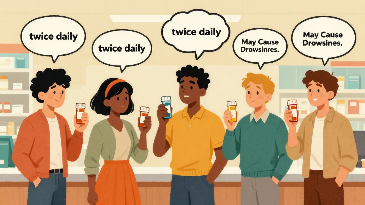 People at a pharmacy with thought bubbles showing common prescription misunderstandings.