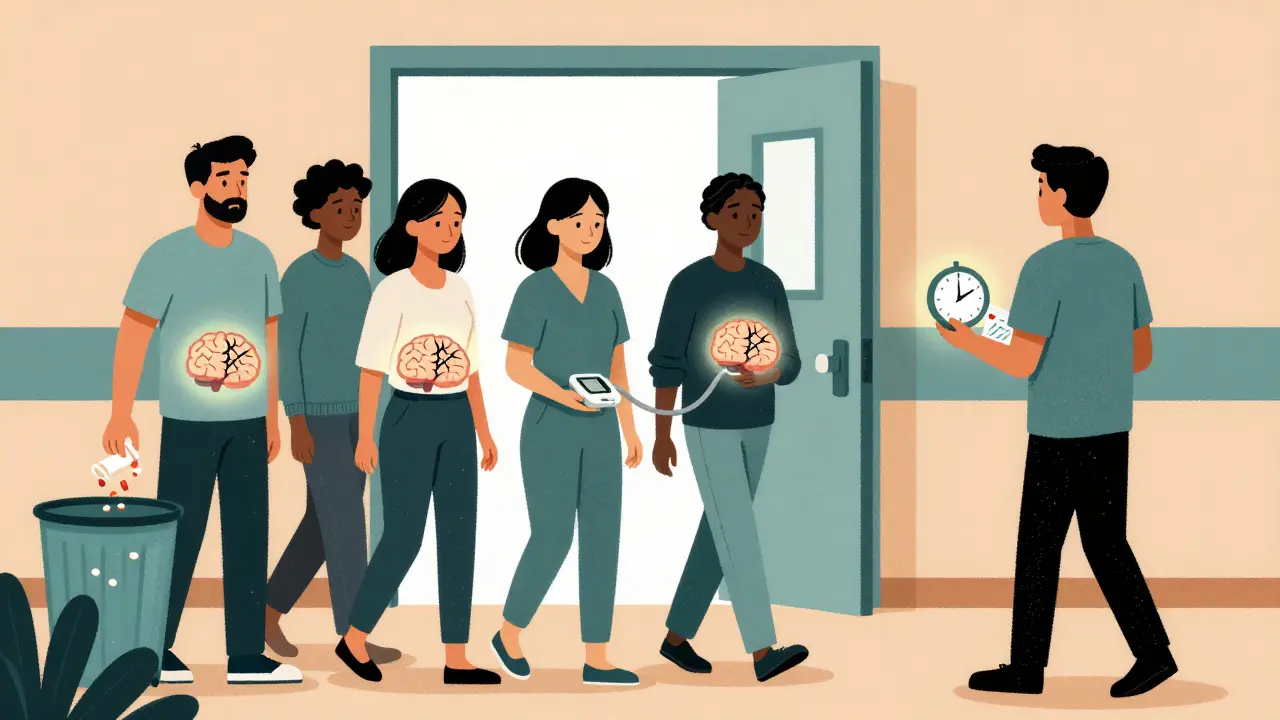 People walking away from hospital with cracked glowing brains, one turning back.