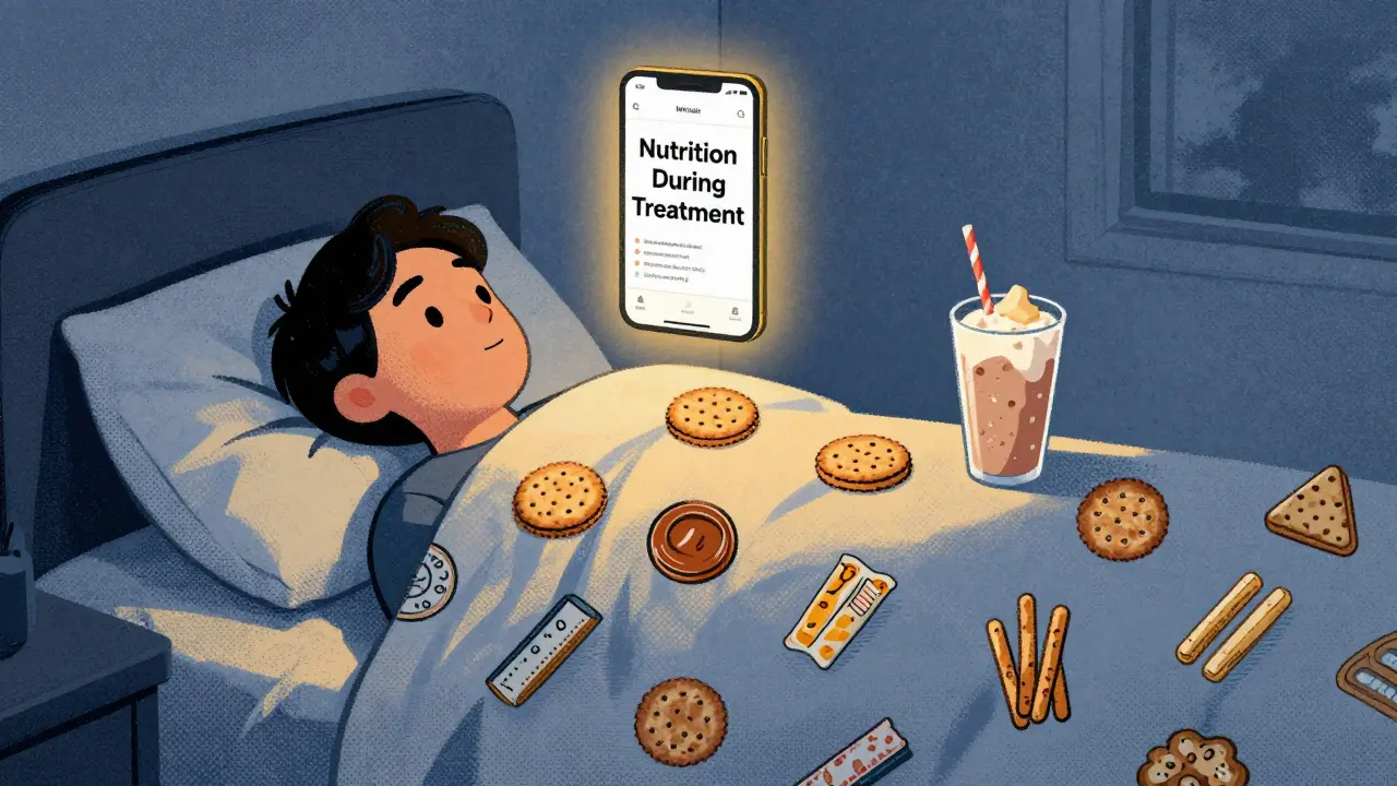 Person in bed surrounded by high-protein snacks and a nutrition tracking app glowing above them.