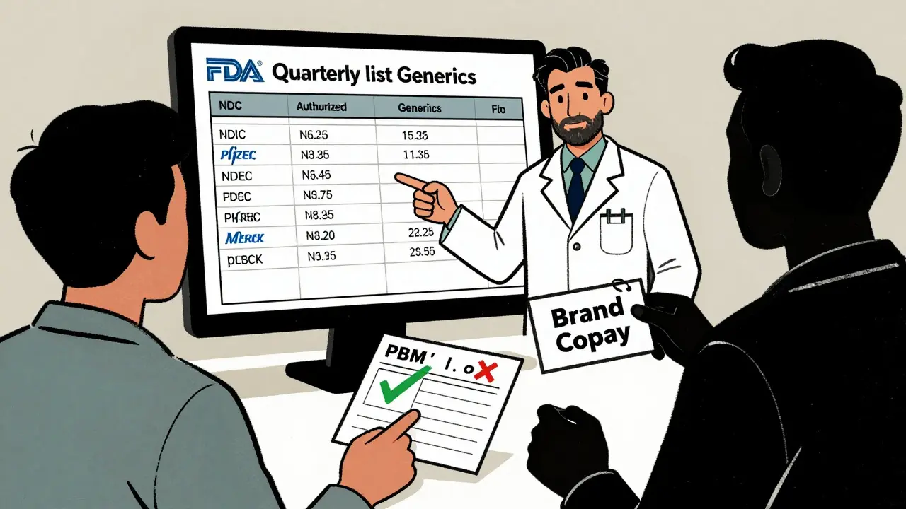 Pharmacist explains authorized generics using FDA list and NDC codes, while a PBM figure blocks lower pricing.