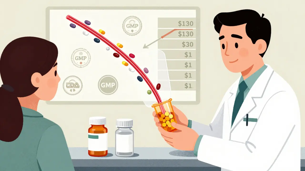 Pharmacist giving a prescription, with two bottles and a visual comparison of identical drug absorption in the bloodstream.