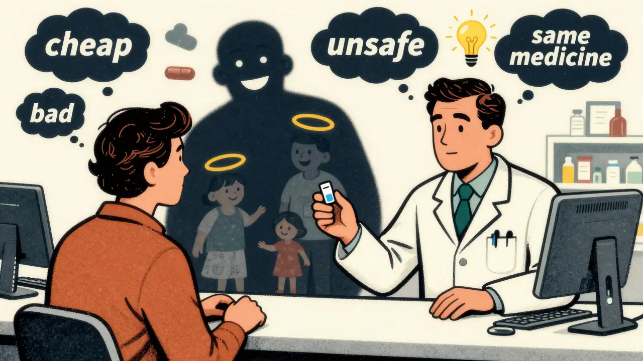 Pharmacist handing a plain generic pill while a giant branded pill looms with happy families in the background.
