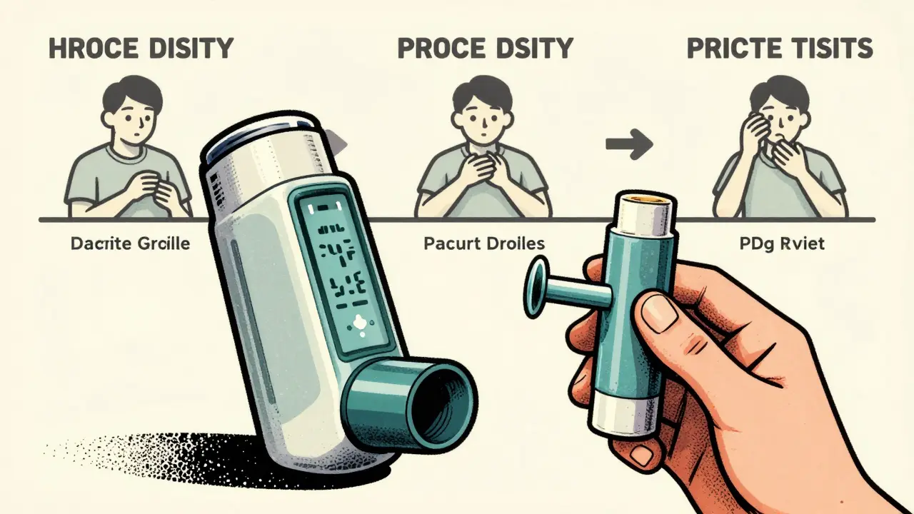 Smart inhaler with digital feedback beside traditional MDI and spacer, showing improved technique over time.