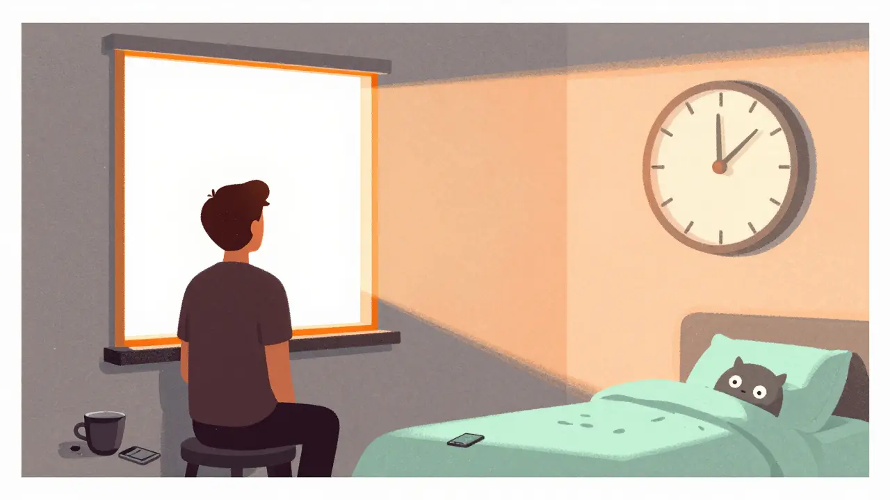 Someone using a lightbox at sunrise, their shadow showing a clock hand turning forward, sleep monster fading below.