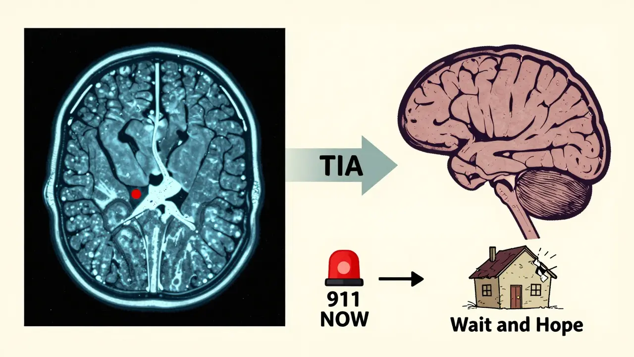 Split brain scan image with TIA pathway leading to emergency or danger.