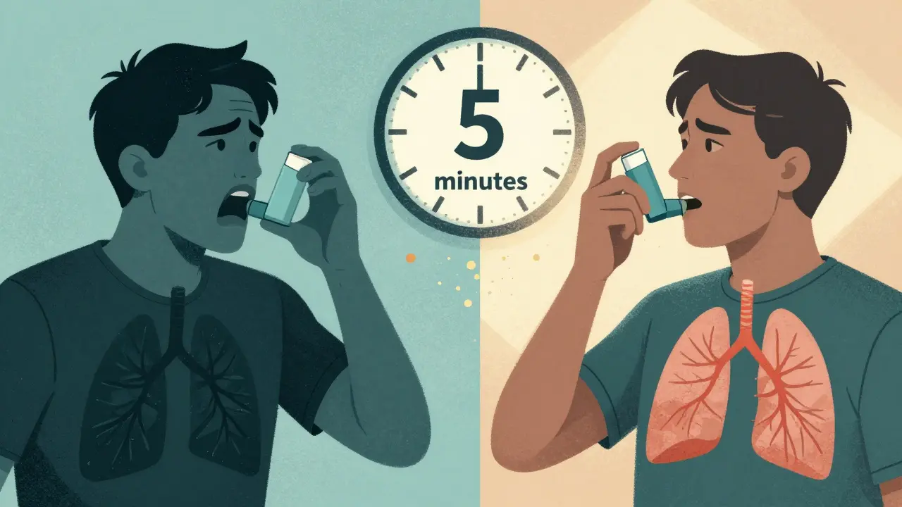Split illustration showing asthma attack vs. daily prevention, with a 5-minute clock between, in bold vintage poster style.