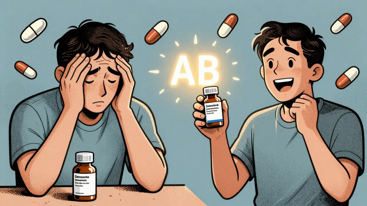 Split image of a patient before and after switching thyroid medication, with FDA therapeutic equivalence rating between them.