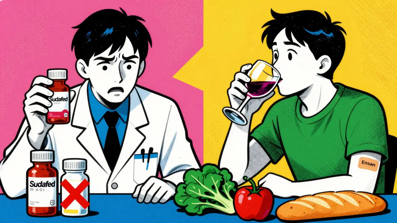 Split image showing dangerous medications on one side and safe foods and Emsam patch on the other in bold screenprint art.