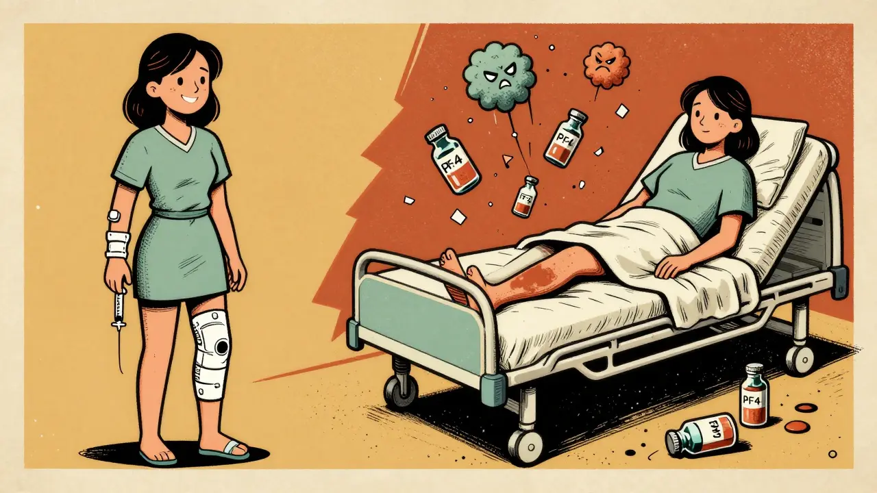 Split image: woman after surgery on one side, same woman with swollen leg and shattered heparin vials on the other.