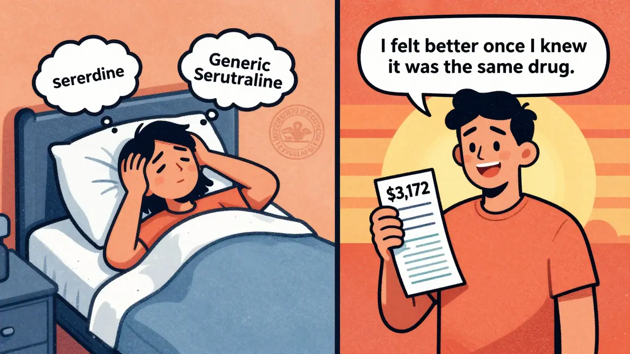 Split scene: anxious patient vs. same patient smiling with savings receipt, showing nocebo effect reversed by knowledge.