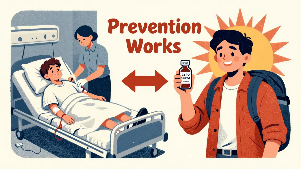 Split scene: hospital transfusion vs. healthy person with G6PD test vial, screenprint aesthetic