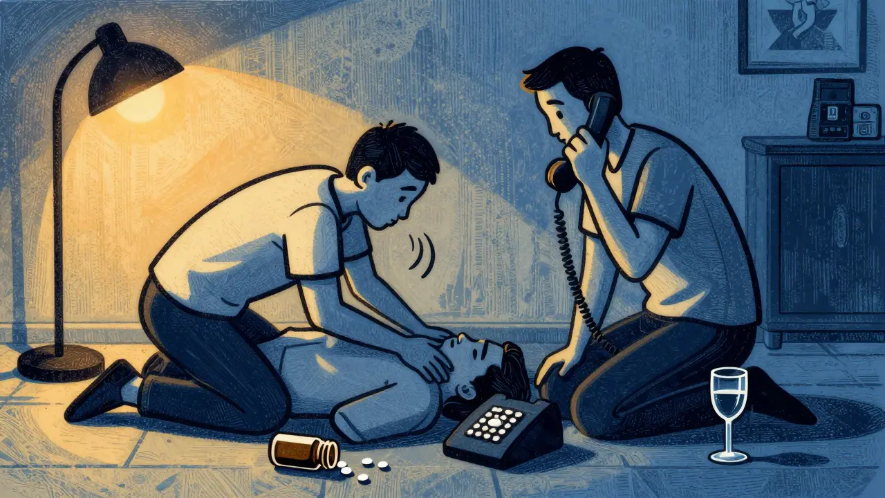 Two people performing rescue breathing on an unresponsive person, with a spilled pill bottle and wine glass nearby.