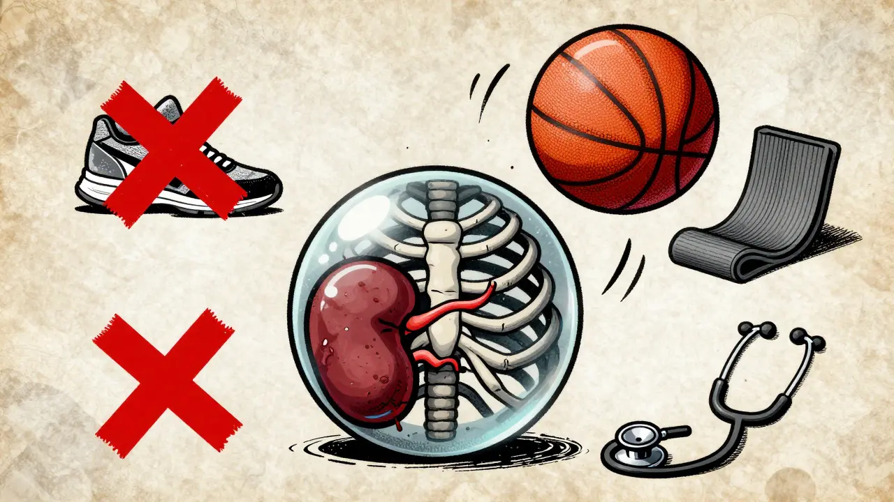 A fragile spleen like a water balloon near ribs, with warnings against physical activity, in screenprint style.