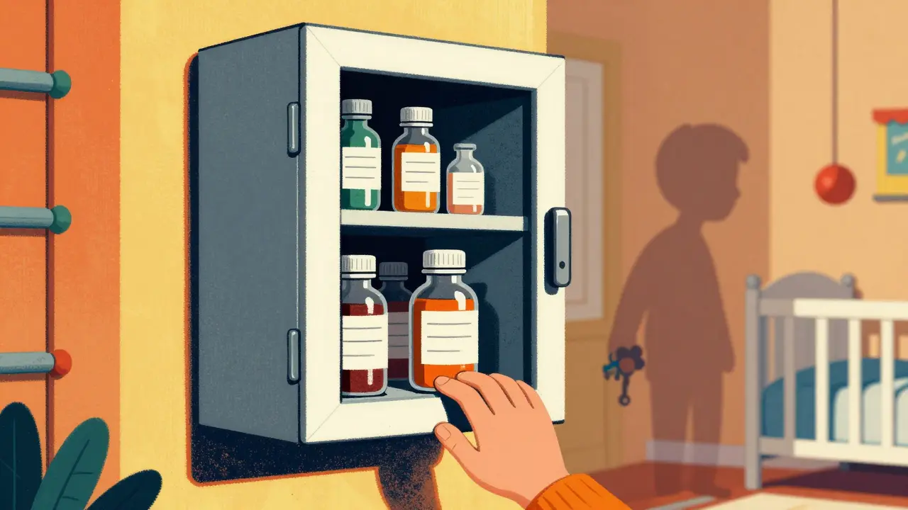 A locked medicine cabinet at child-height, with a small hand brushing the bottom edge.