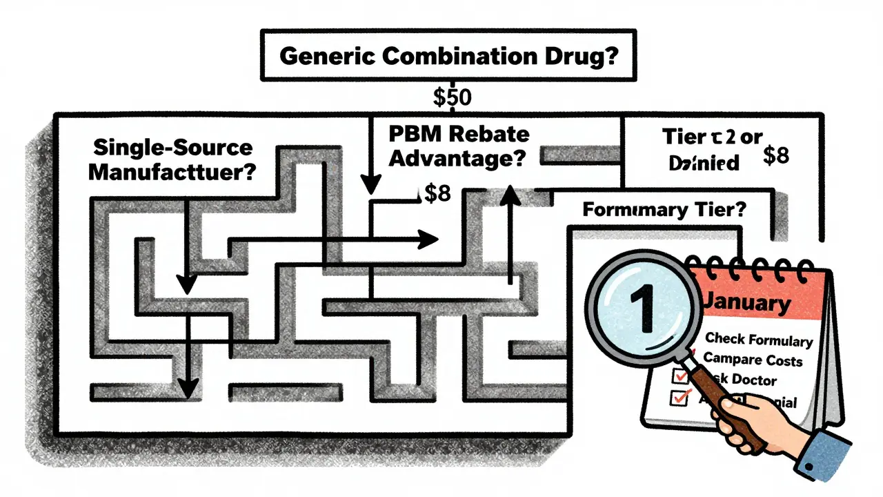 A maze-like flowchart showing how insurance decisions determine if a combo drug costs  or , with key actions at the exit.