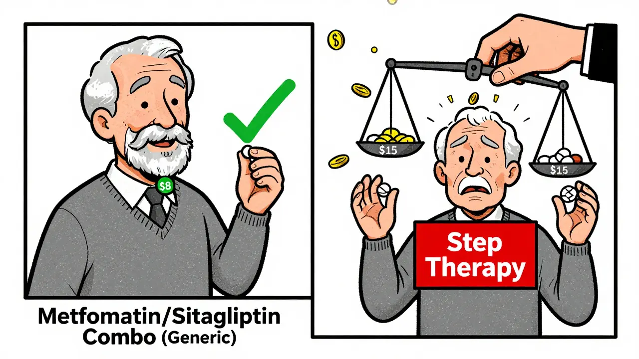A retiree happily holding one low-cost combo pill versus another stressed over two expensive separate pills with a step therapy barrier.
