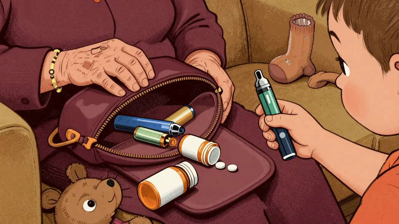 A toddler pulls a vape cartridge from an open purse on the sofa, with pill bottles nearby.