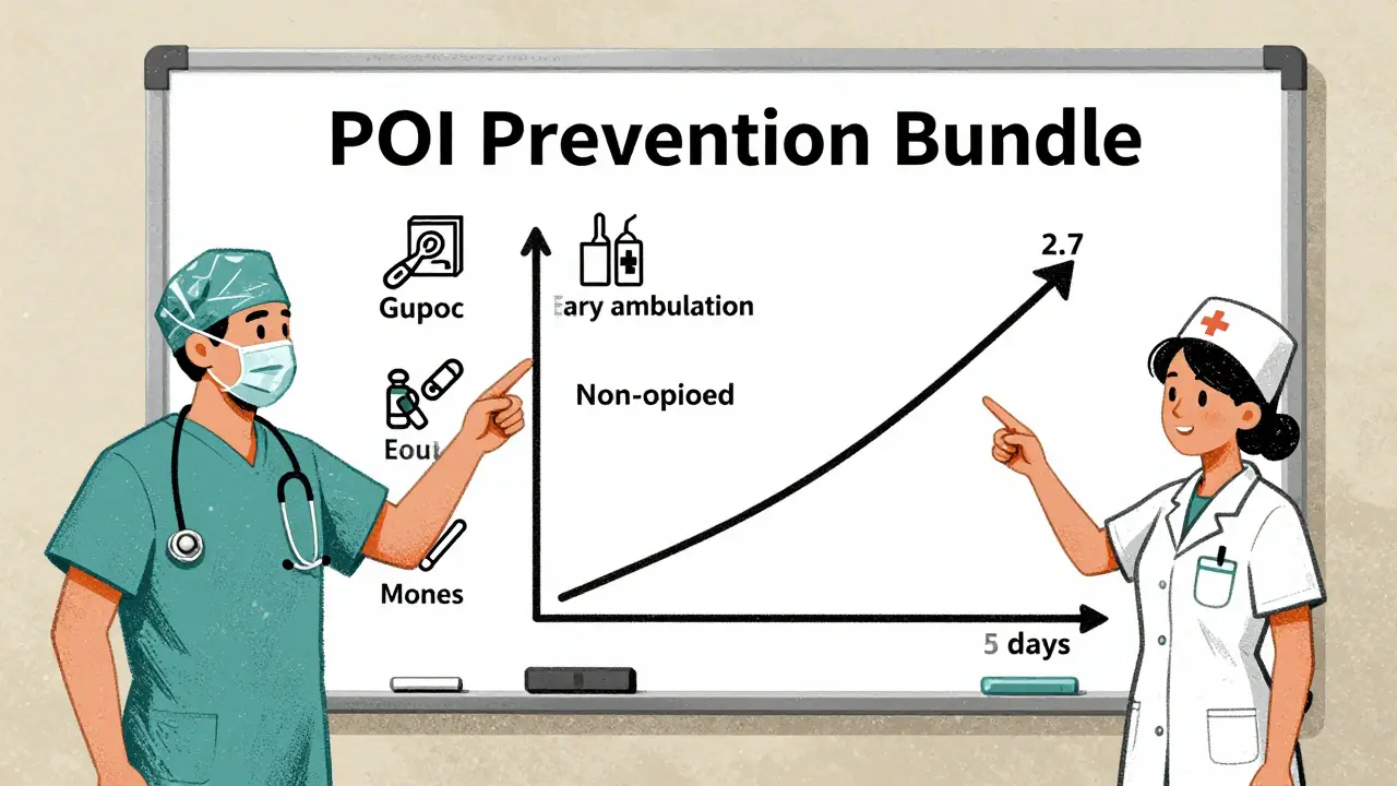 Hospital team gathered around a whiteboard tracking POI prevention methods with icons and a falling recovery time graph.