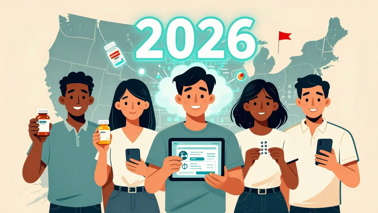 People checking drug authenticity with smartphones and tablets, behind them a digital banner showing upgraded 12-digit NDC codes.