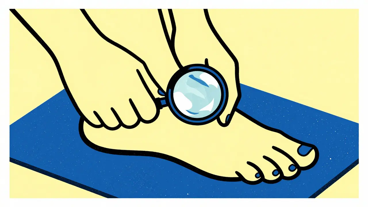 Person checking feet with magnifying glass