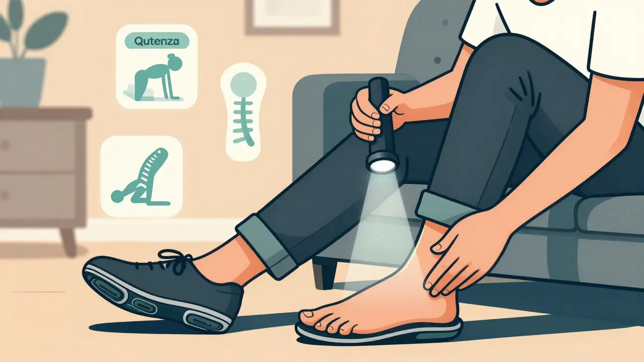 Person inspecting foot with flashlight while wearing custom orthotic shoes, surrounded by treatment icons.