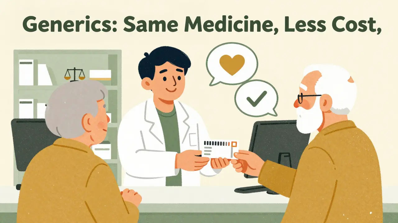 Pharmacist hands a prescription to an elderly patient, with icons of trust and FDA approval visible in speech bubbles.