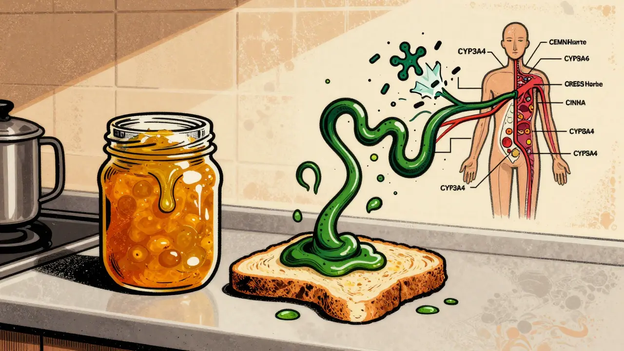 Seville orange marmalade oozes dark tendrils into a bloodstream diagram, shattering enzyme icons.