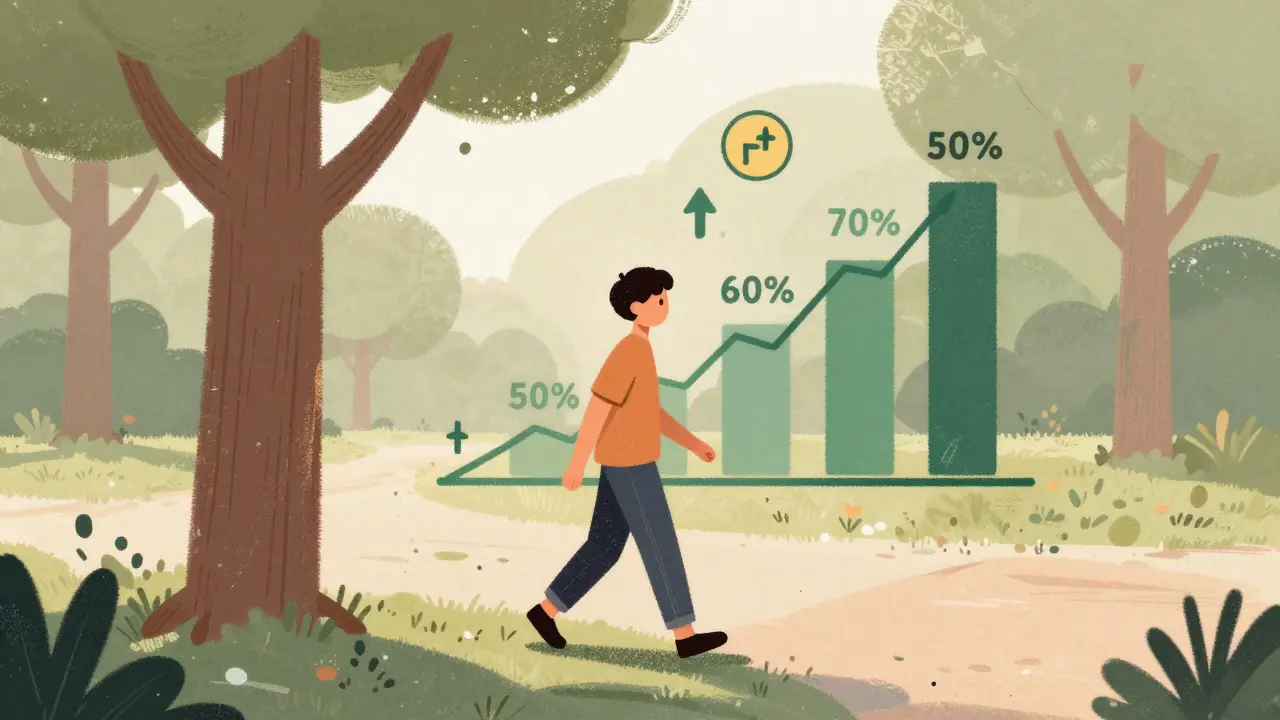 Someone walking slowly in a park with a rising energy graph and pacing icons, in screenprint style.