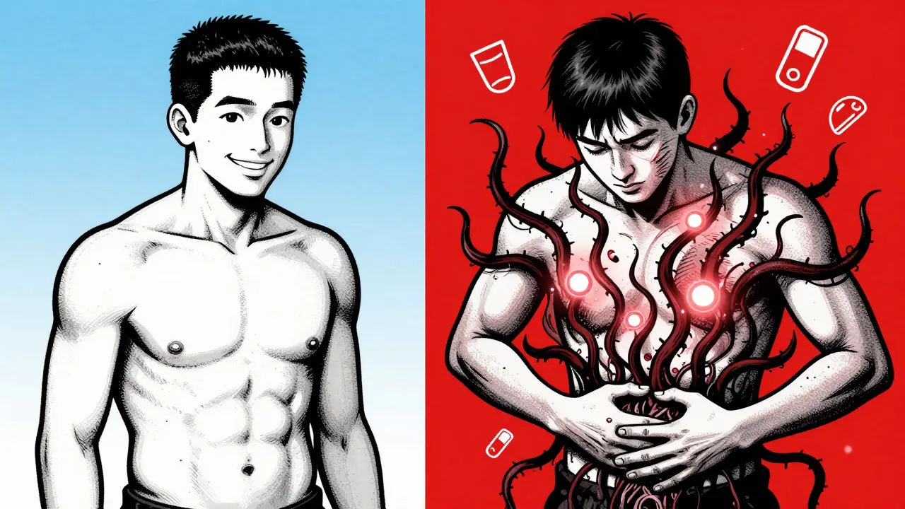 Split image: a healthy transplant patient on one side, dark vines bursting from the same person on the other side.