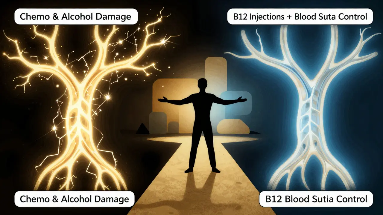 Split image showing damaged vs. healed nerves, with a person choosing between harmful and healing paths.