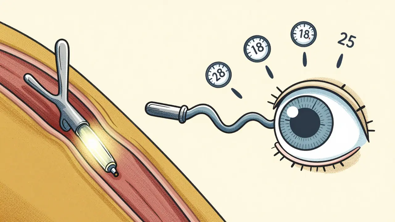 Two micro-stents, iStent and Xen, illustrated in a medical drainage system with pressure gauge icons.