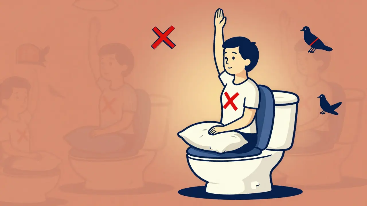 A person using supportive modifications like a raised seat, wedge cushion, and pillow between knees for hip pain relief.