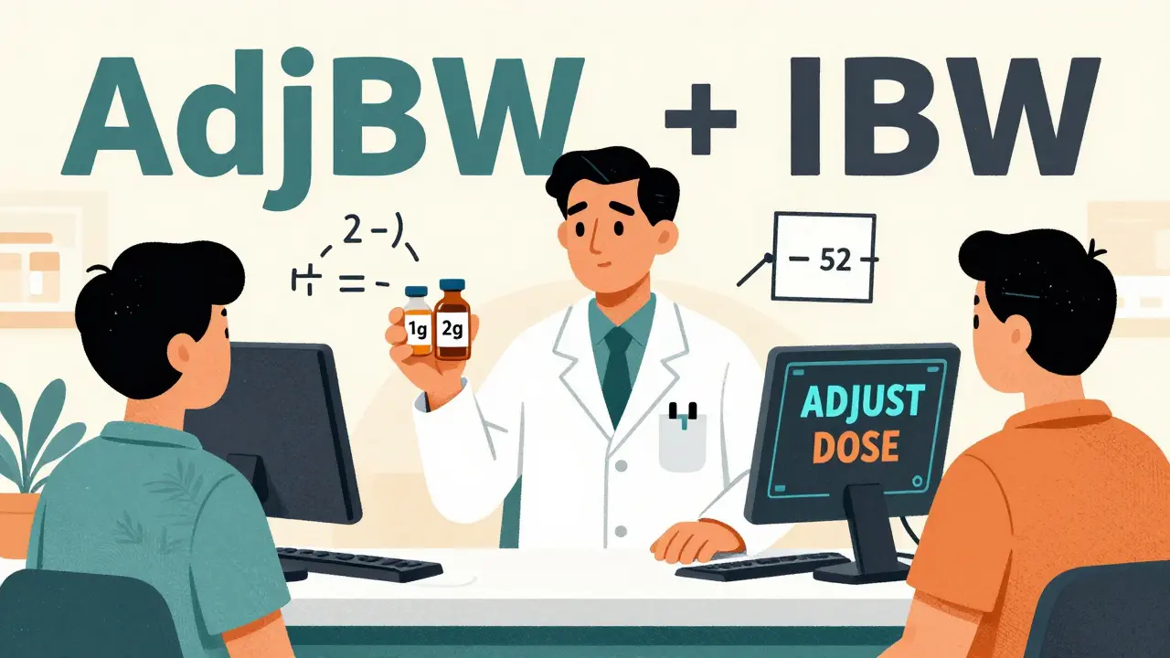 A pharmacist comparing two drug doses next to an obese patient, with dosage formulas floating nearby in a graphic hospital setting.