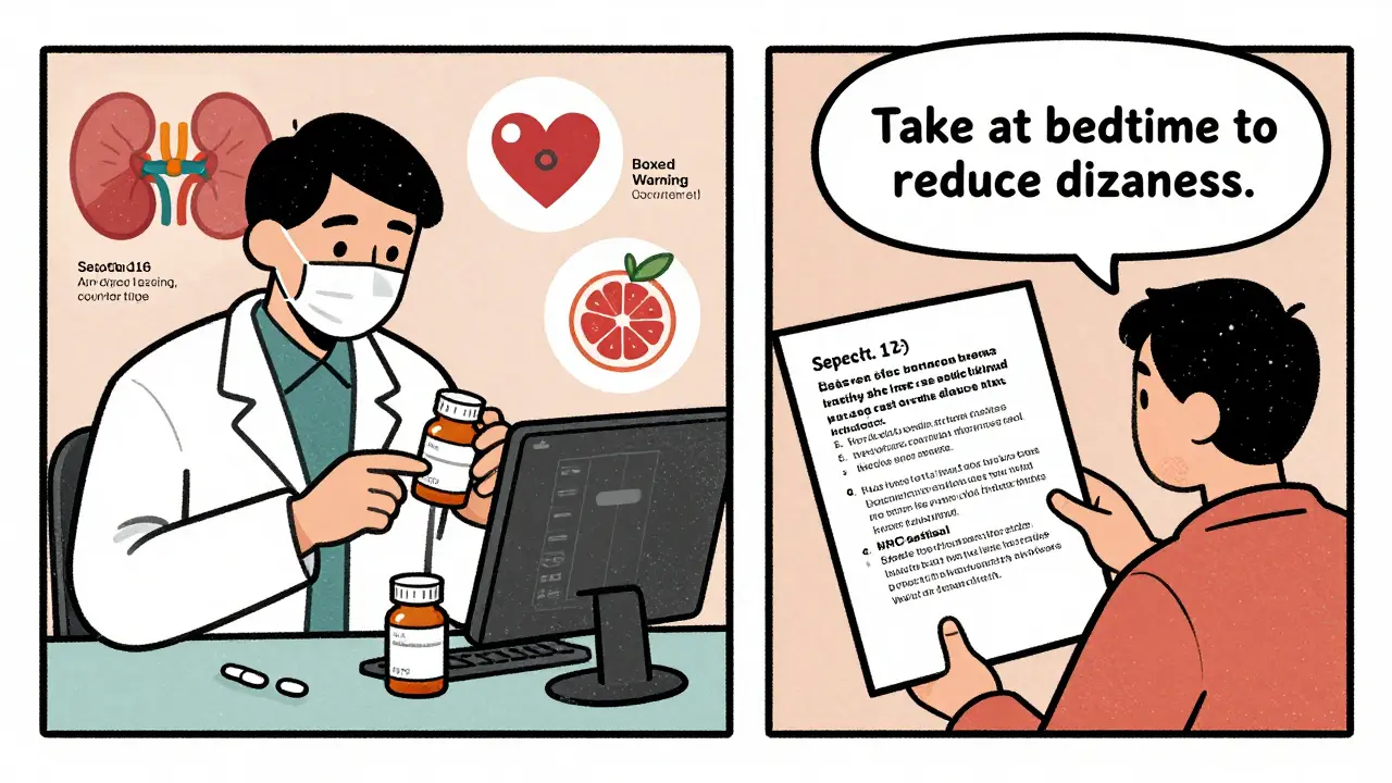 A pharmacist verifies a drug code while a patient reads counseling tips, with icons representing dosing, warnings, and interactions.