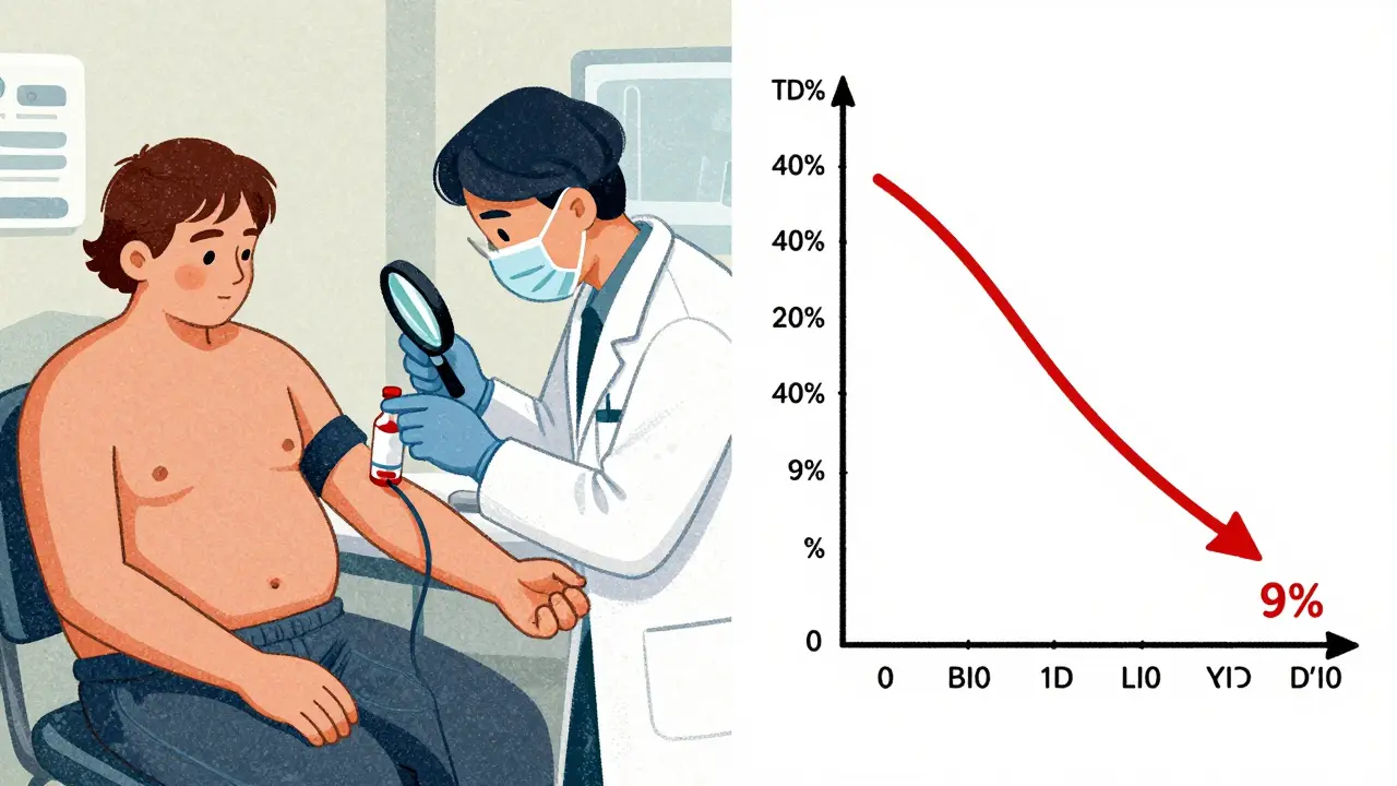 A split illustration showing therapeutic drug monitoring in progress and improved vancomycin levels after protocol change, rendered in screenprint aesthetic.