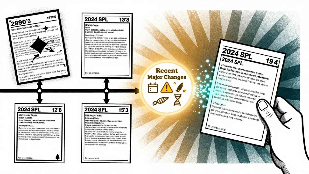 A timeline showing drug label evolution from chaotic past to structured modern format, centered on a pulsing 'Recent Major Changes' badge.