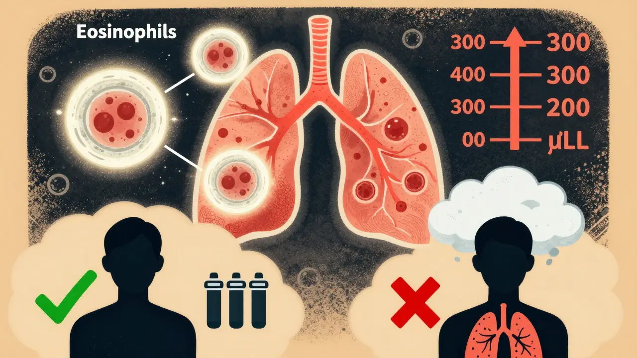 Blood eosinophil count rising above 300 cells/µL with one patient benefiting from triple therapy and another at risk of pneumonia.