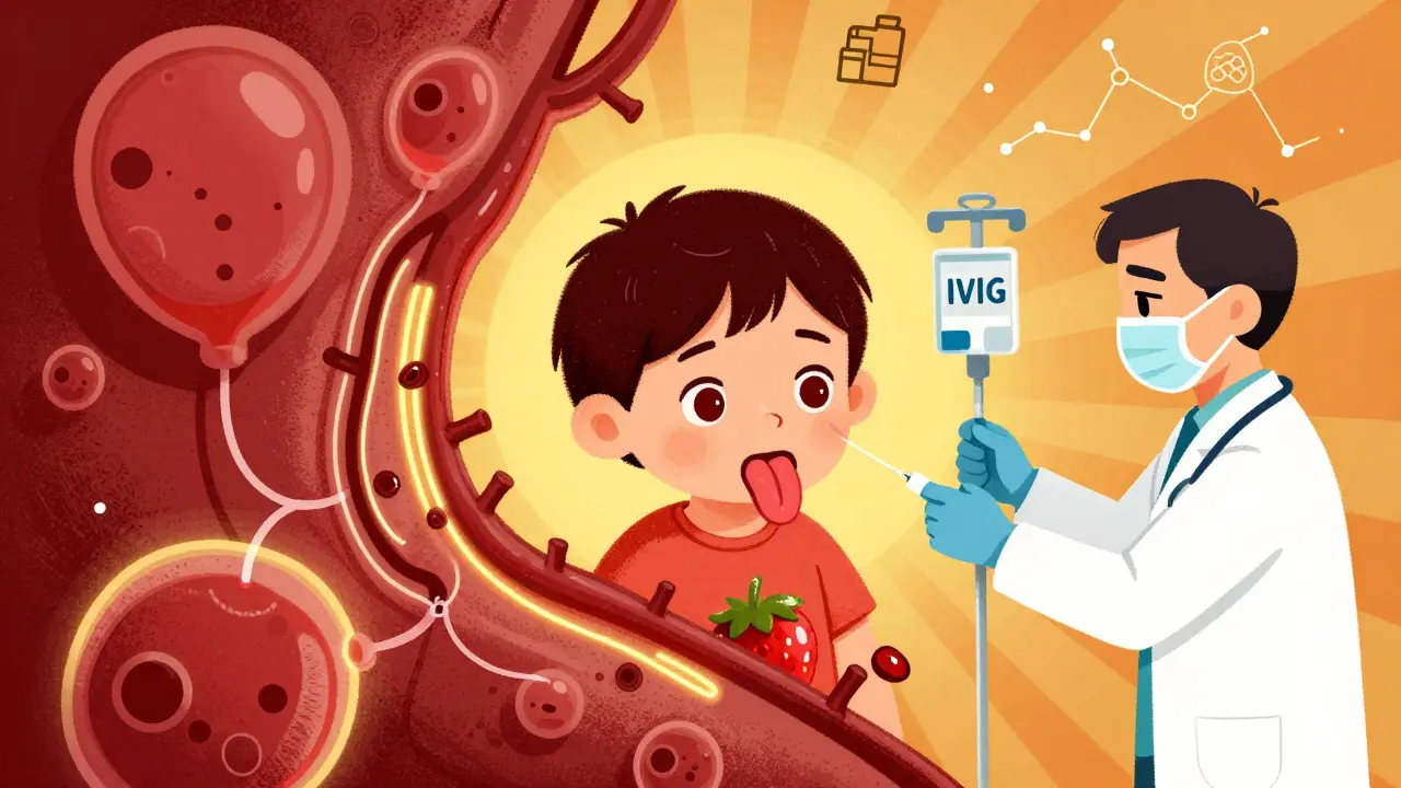 Child with fever and red eyes, coronary arteries swelling into balloon-like aneurysms, doctor administering IV treatment.