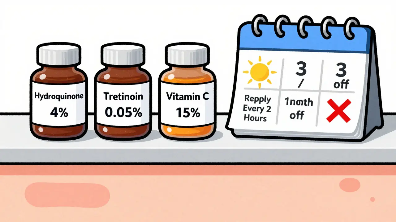 Dermatologist's countertop with hydroquinone, tretinoin, and vitamin C jars beside a sunscreen and calendar cycle.