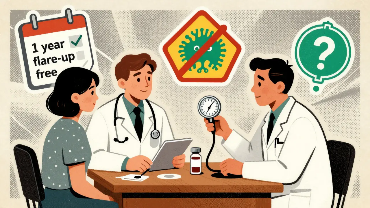 Doctor and patient reviewing lung function and biomarkers, with icons representing treatment success, pneumonia risk, and cost concerns.