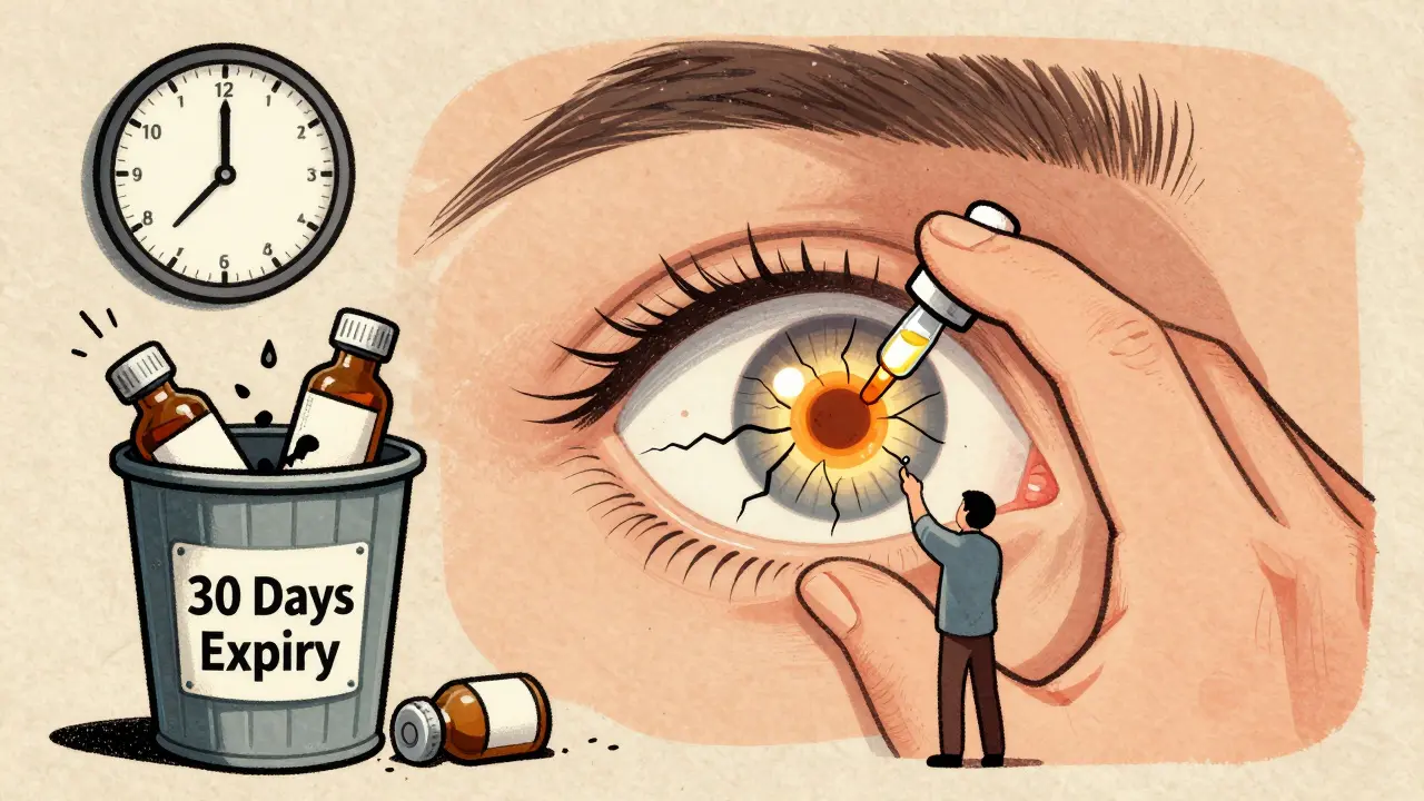 Hand applying preservative-free eye drop with repairing molecule, discarded bottles in trash.