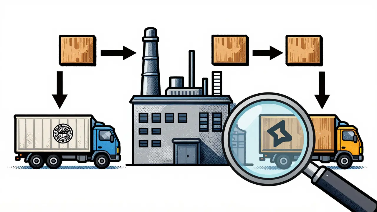 Illustration of factory distributing drugs to different trucks