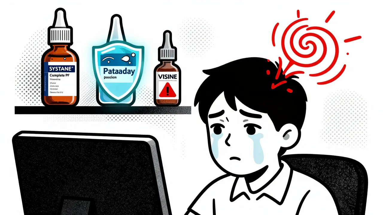 Person at computer with tear evaporation, shelf of eye drops showing different formulas and warnings.