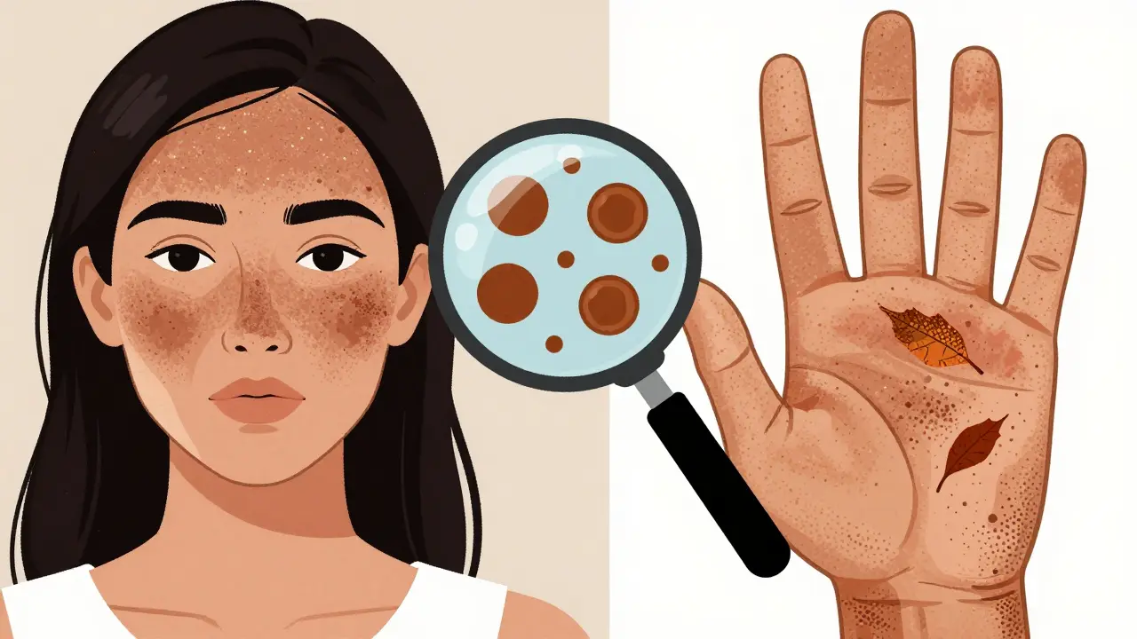 Side-by-side skin comparison: melasma under indoor light versus sun damage fading after light treatment.
