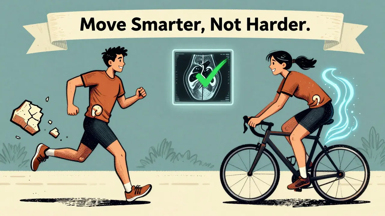 Split scene comparing painful running with pain-free cycling as a smarter alternative for hip health.