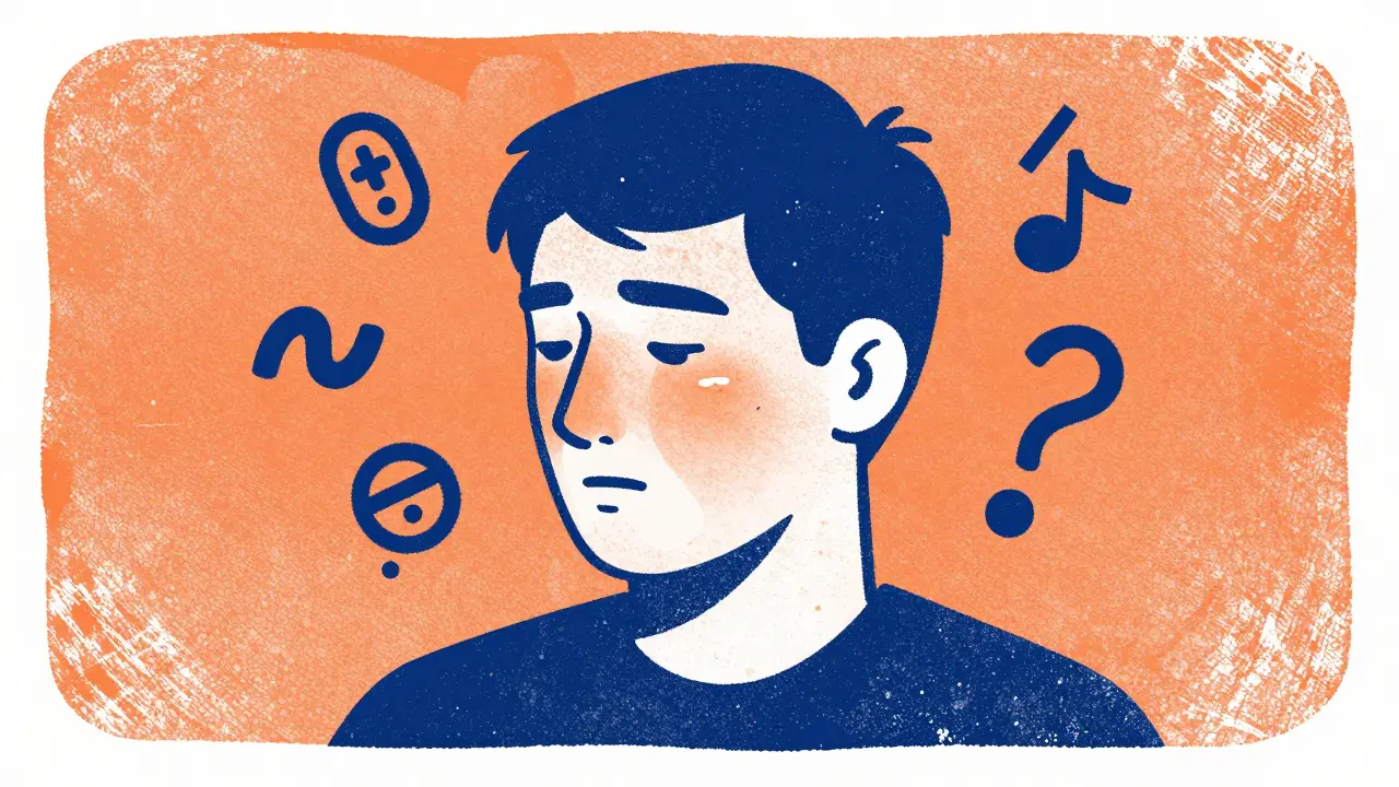 Stylized character showing facial swelling from medication